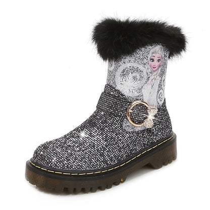 Girl Fairy Elsa Glitter Boots with Faux Fur Trim