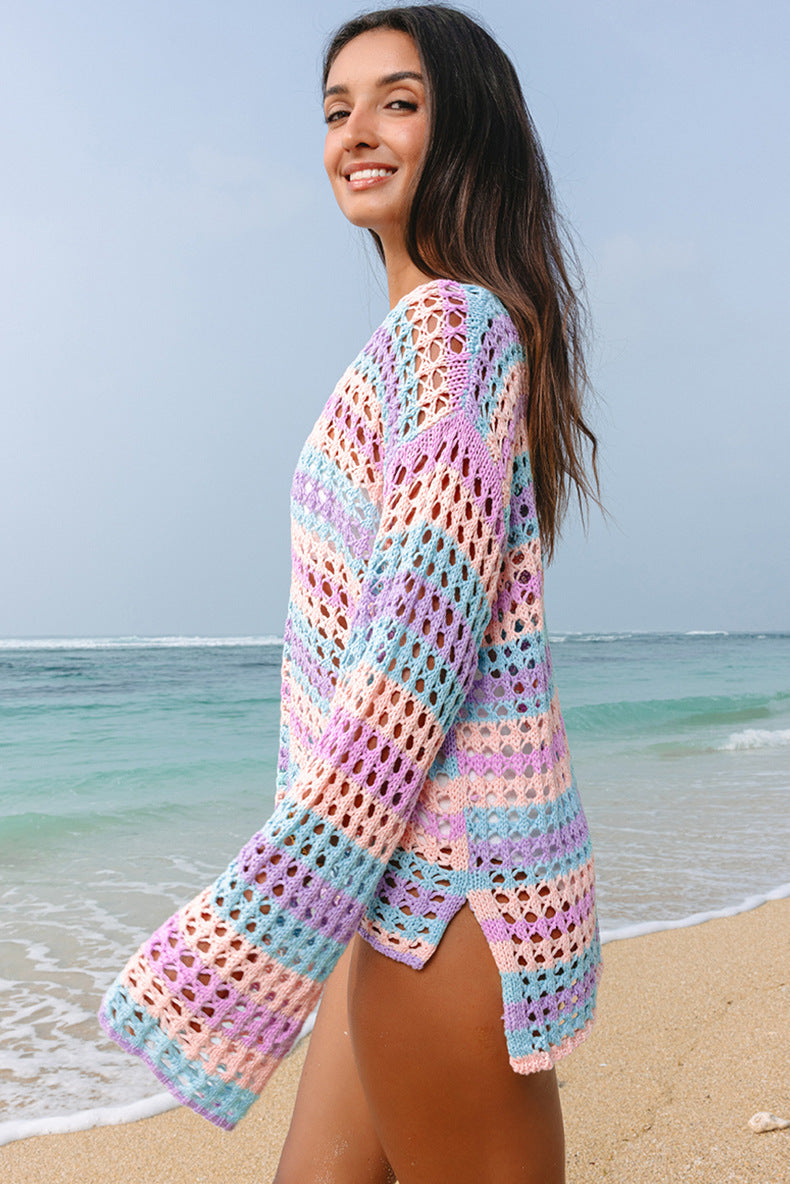 Purple Striped Hollow Knit Cover Up