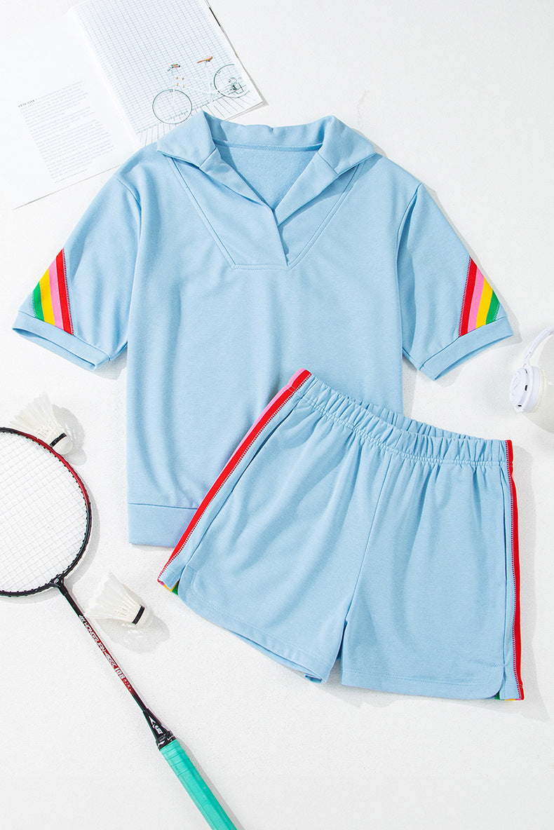Rainbow Colorblock Collared Top & Shorts Set