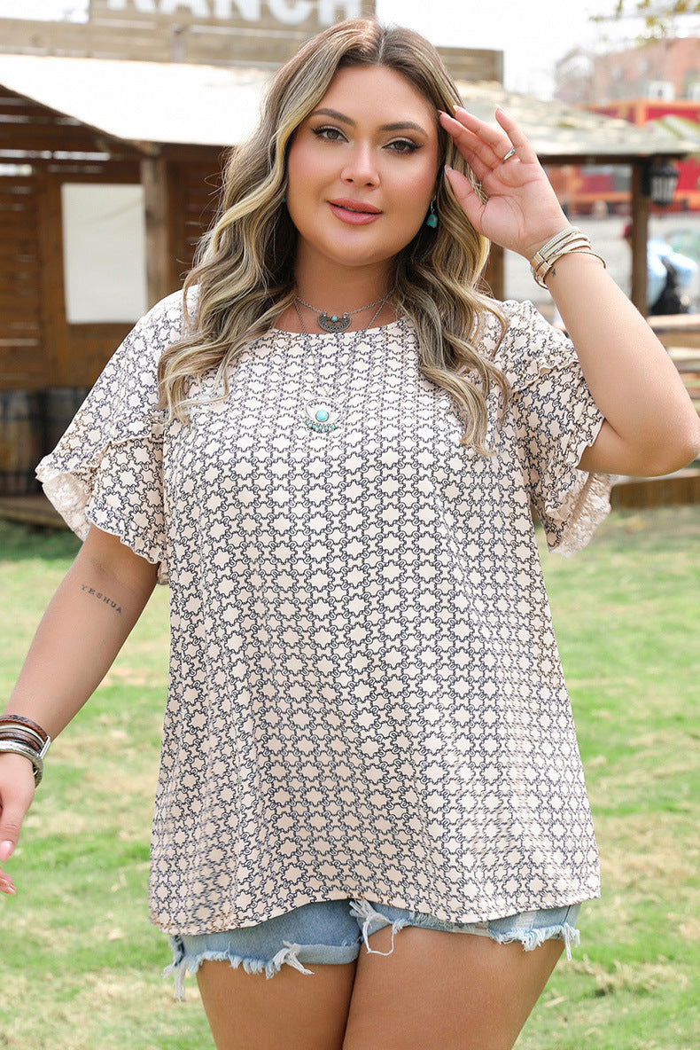 Round Neck Allover Print Ruffle Sleeve Top