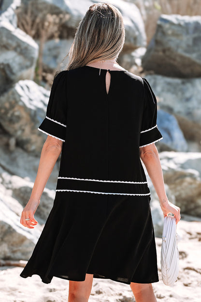 Black Shift Dress with Contrast Stitched Trim