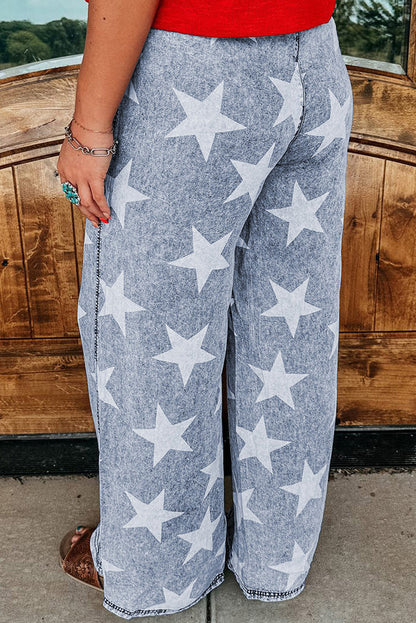 Star Print Light Wash Drawstring Pants