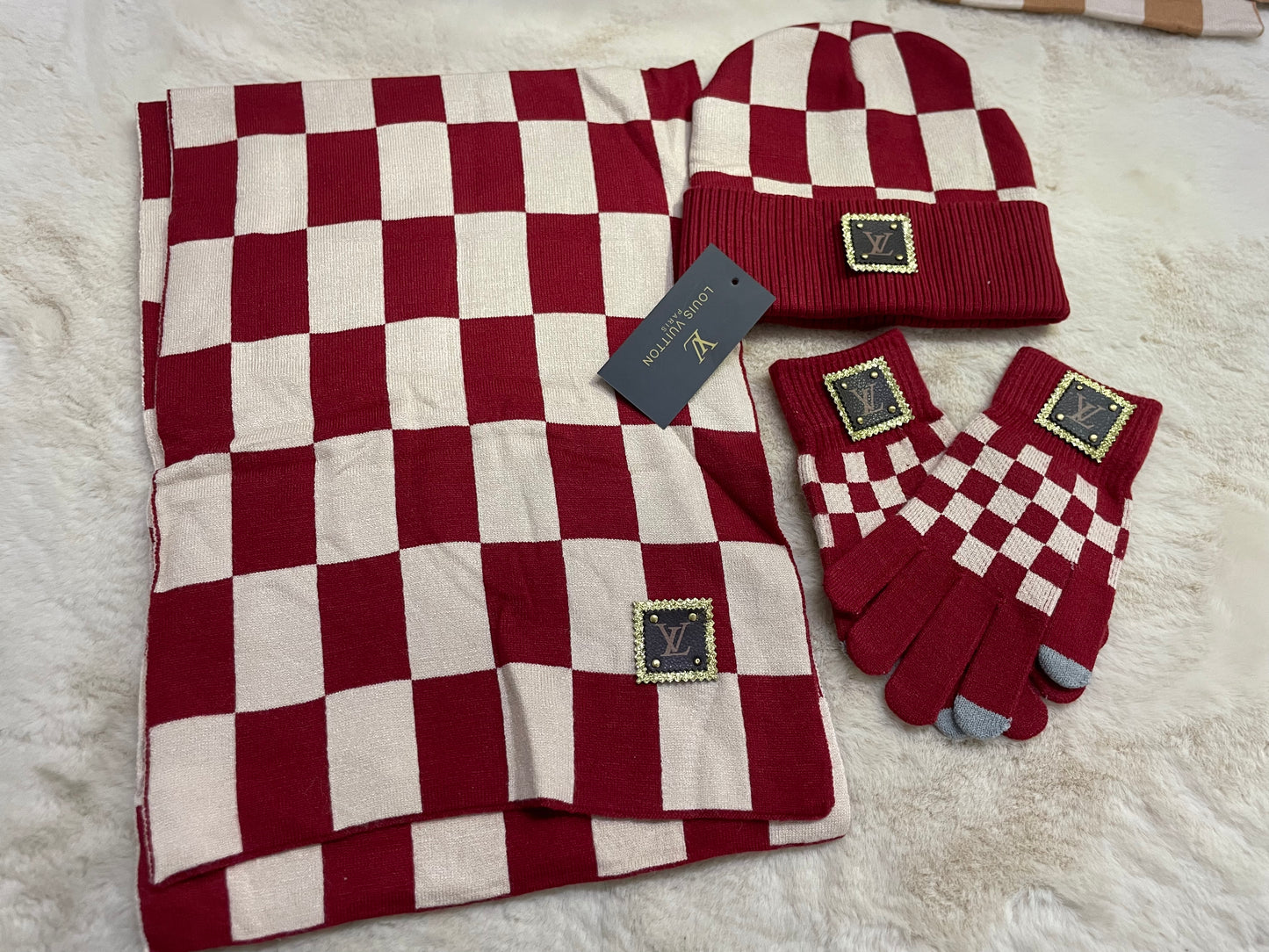 Checkered Wool Beanie Scarf Gloves 3pcs Set