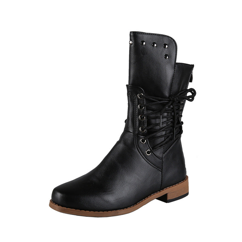 Lace Up Beaded Chunky Heel Mid Calf Boots