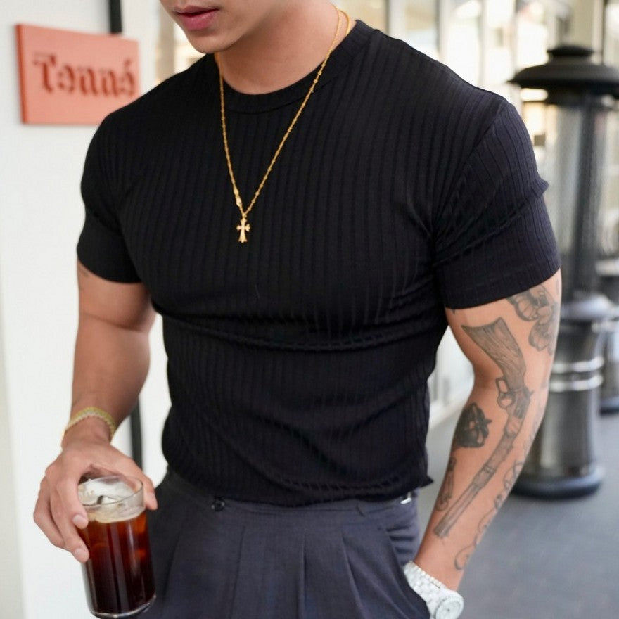 Men's Vertical Striped Crew Neck Sports T-Shirt