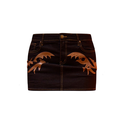 Black Western Patch Detail Denim Corset and Mini Skirt Set
