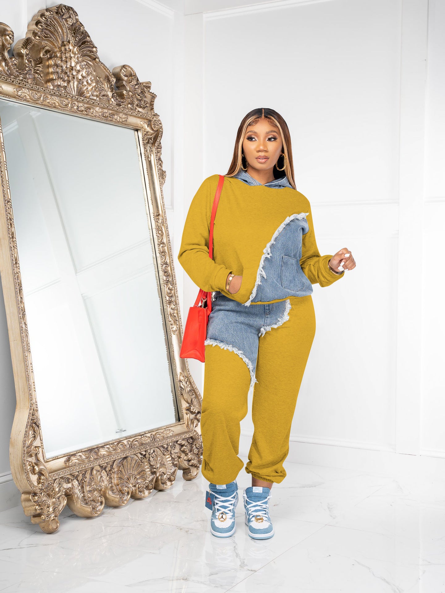 Denim Patch Pocket Design Hoodie & Pants Set