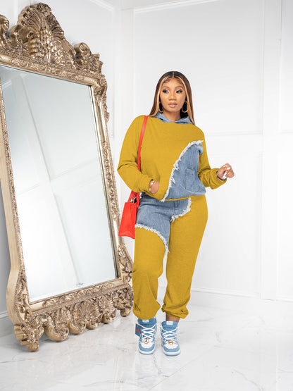 Denim Patch Pocket Design Hoodie & Pants Set