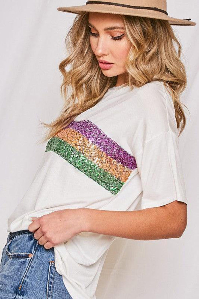Mardi Gras Striped Sequin Short Sleeve