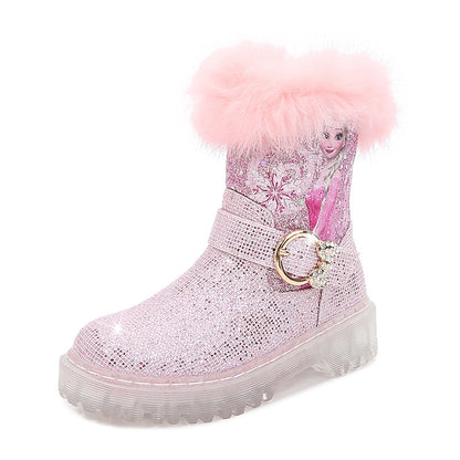 Girl Fairy Elsa Glitter Boots with Faux Fur Trim