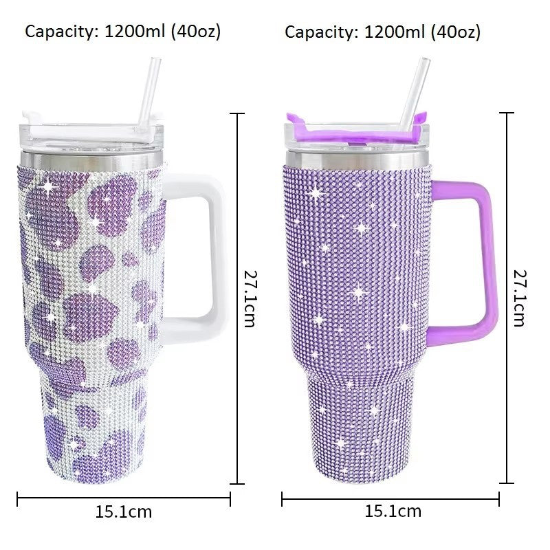 Rhinestone Cow Print 40oz Double Wall Stainless Steel Vacuum Tumbler With Handle