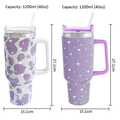 Rhinestone Cow Print 40oz Double Wall Stainless Steel Vacuum Tumbler With Handle