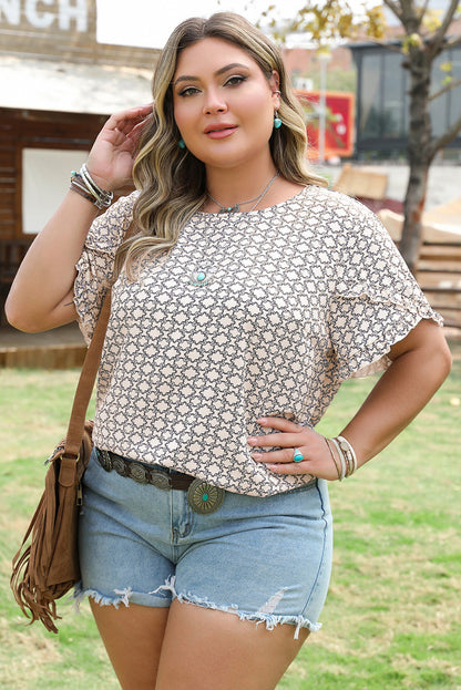 Round Neck Allover Print Ruffle Sleeve Top