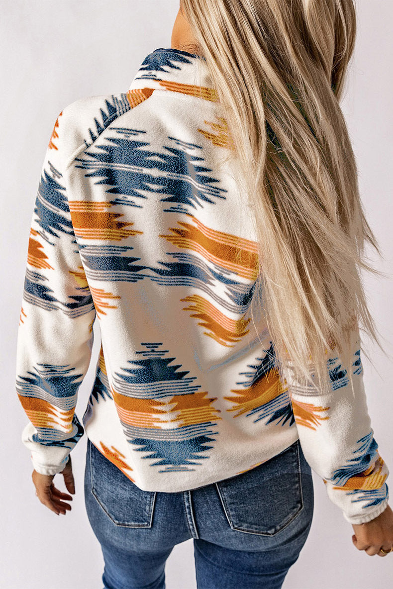 Aztec Print Stand Neck Snap Buttons Jacket