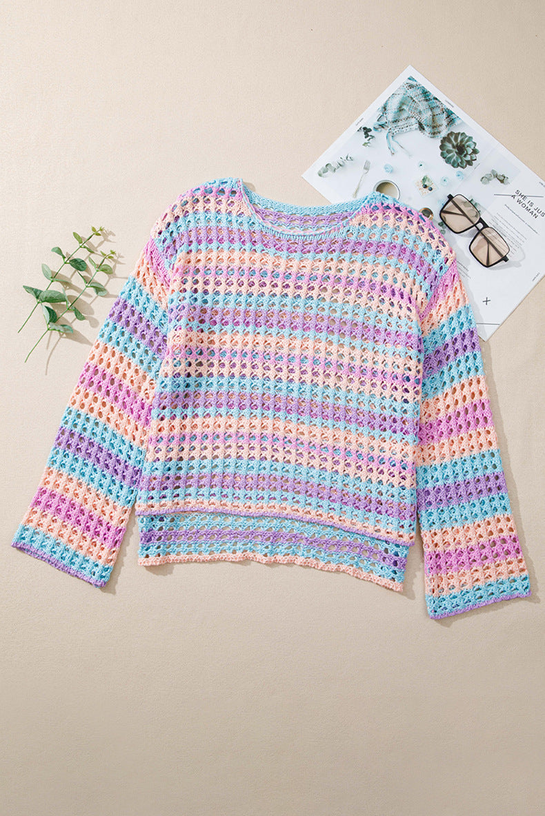 Purple Striped Hollow Knit Cover Up