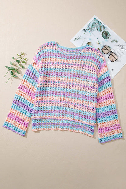 Purple Striped Hollow Knit Cover Up
