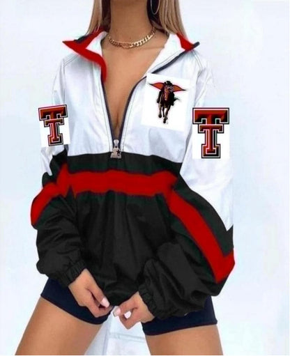 Women’s Football Print V-Neck Zipper Sweatshirt Jacket