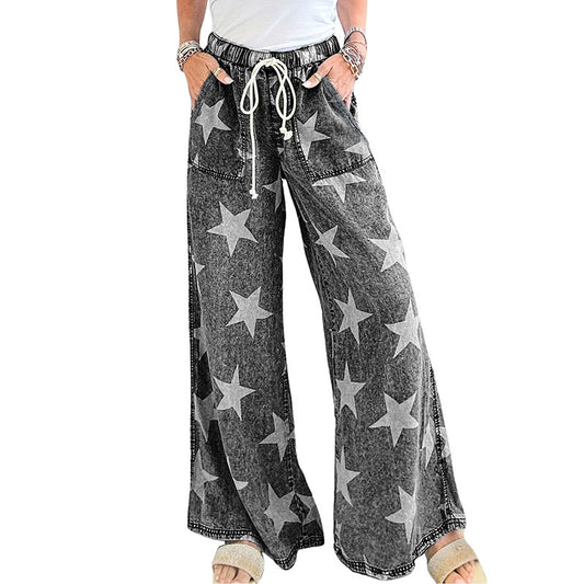 Star Print Light Wash Drawstring Pants