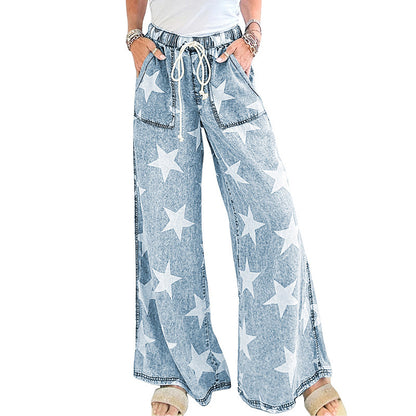 Star Print Light Wash Drawstring Pants