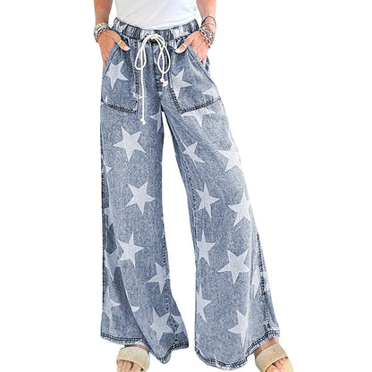 Star Print Light Wash Drawstring Pants