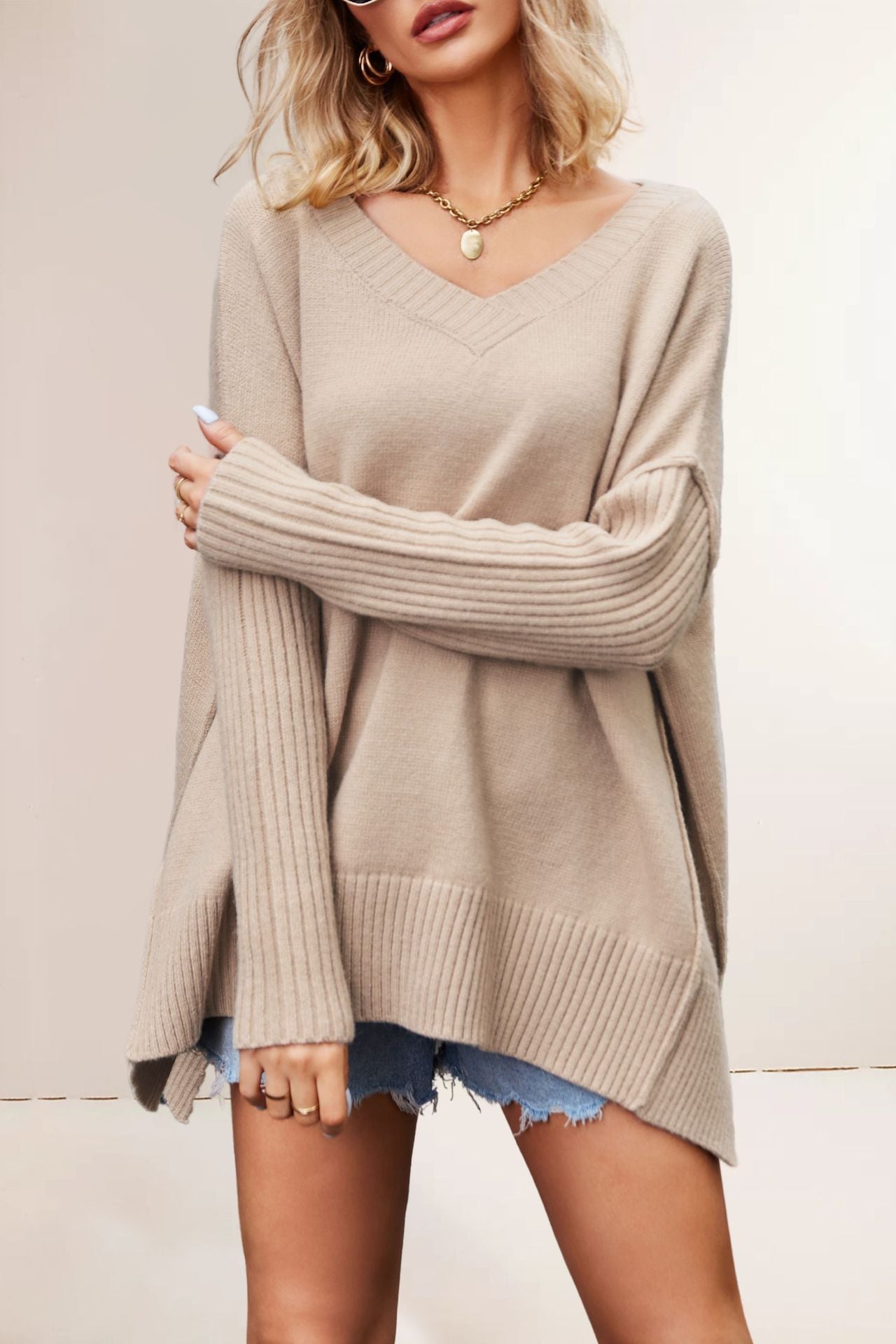 Women Oversized V - Neck Sweater