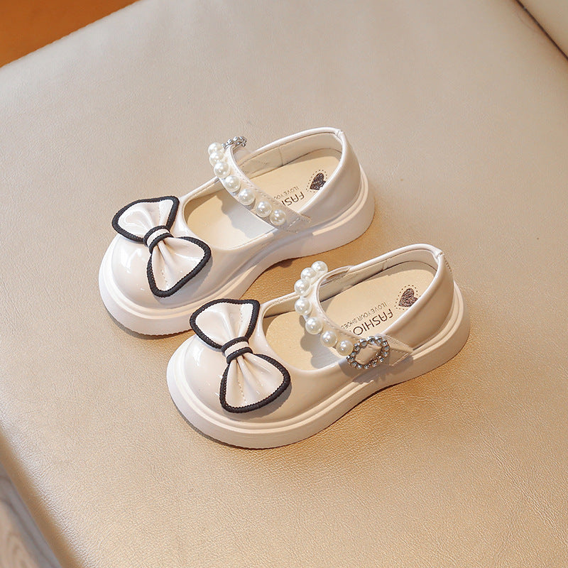 Bowtie Peal Leather Mary Jane Shoes for Girls