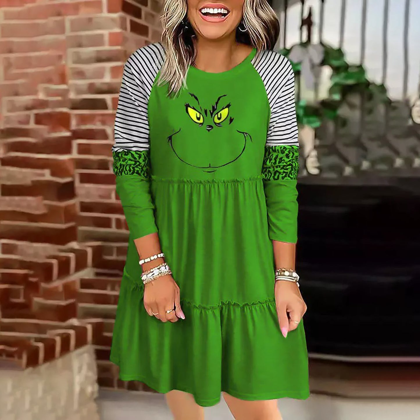 Women Christmas Grinch Long Sleeve Dress