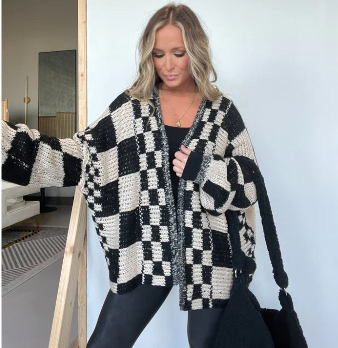 Women Checkered Knitted Sweater Cardigan