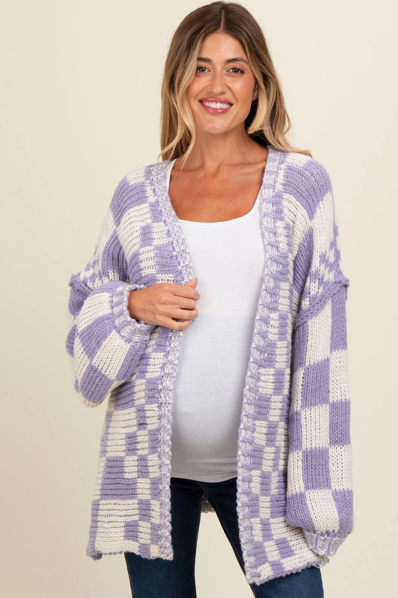 Women Checkered Knitted Sweater Cardigan