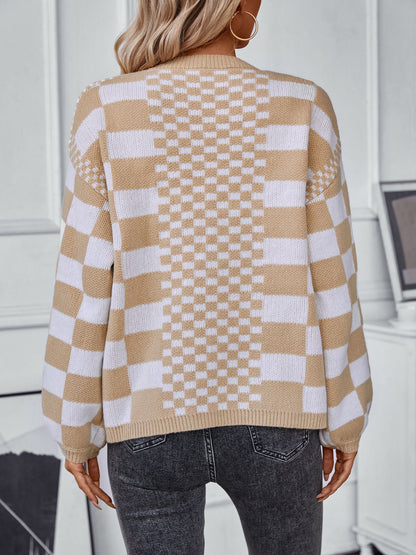 Autumn Winter Sweater Cardigan Women Fashion Checkered Cardigan