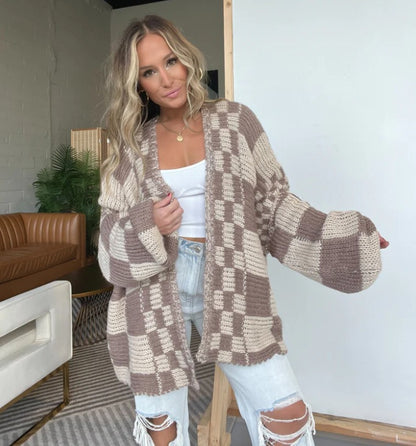 Women Checkered Knitted Sweater Cardigan