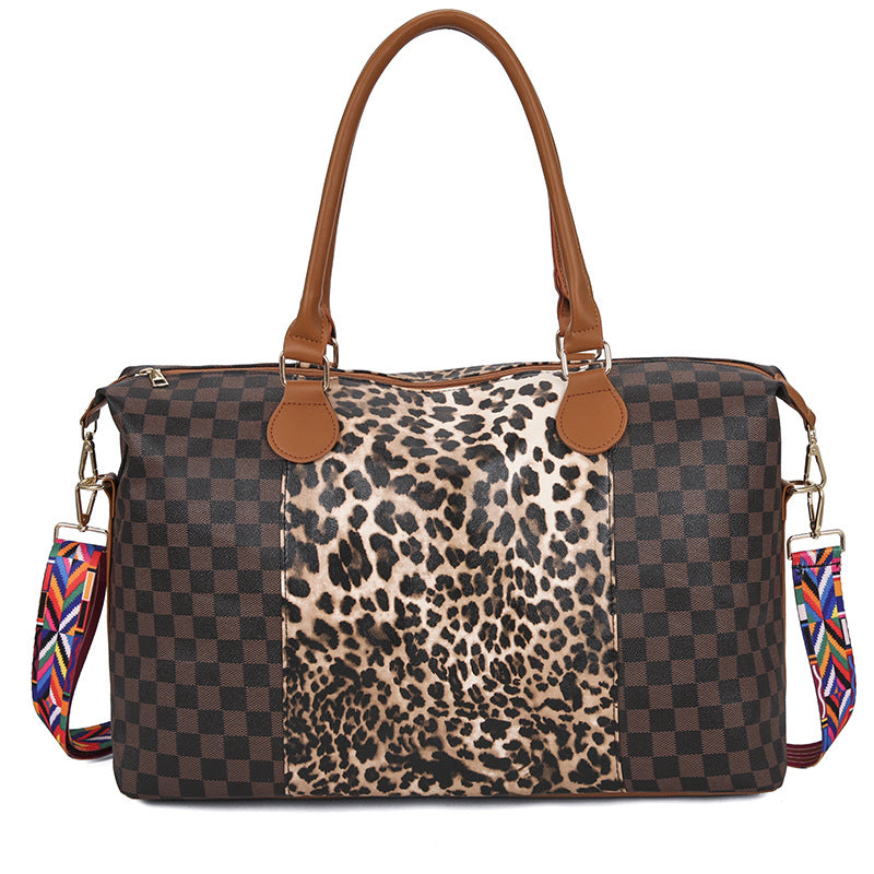 Checkered Leopard Print Duffle Bag
