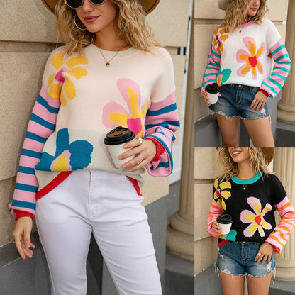 Women Floral Striped Sleeve Sweaters