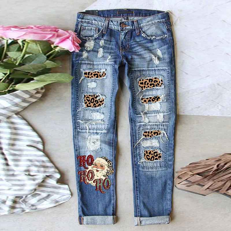 Women Christmas Grinch Distressed Denim Jeans