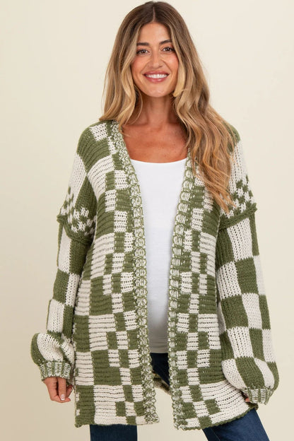 Women Checkered Knitted Sweater Cardigan