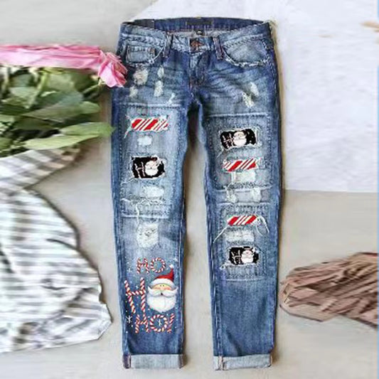 Women Christmas Grinch Distressed Denim Jeans