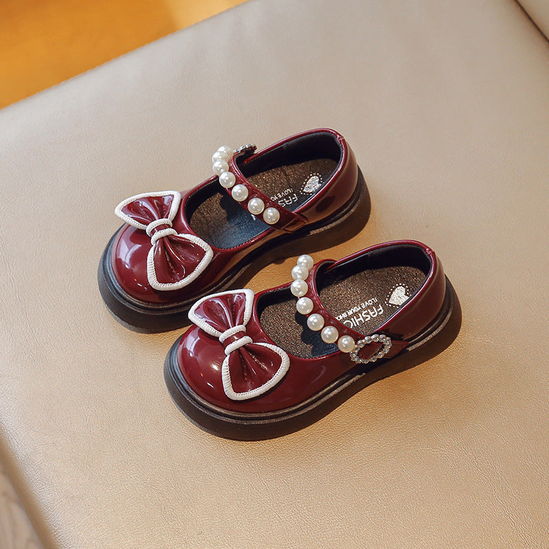 Bowtie Peal Leather Mary Jane Shoes for Girls