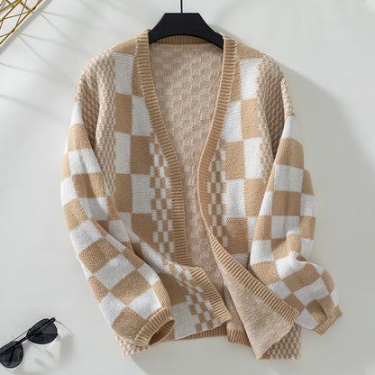 Autumn Winter Sweater Cardigan Women Fashion Checkered Cardigan