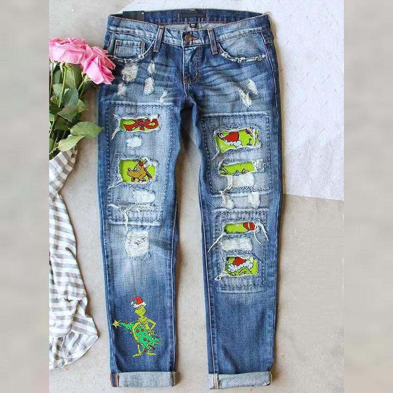 Women Christmas Grinch Distressed Denim Jeans
