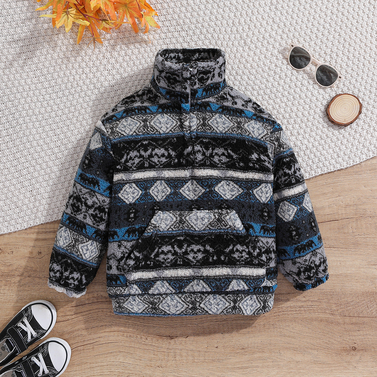 Kids Aztec Leopard Print Sherpa Pullover