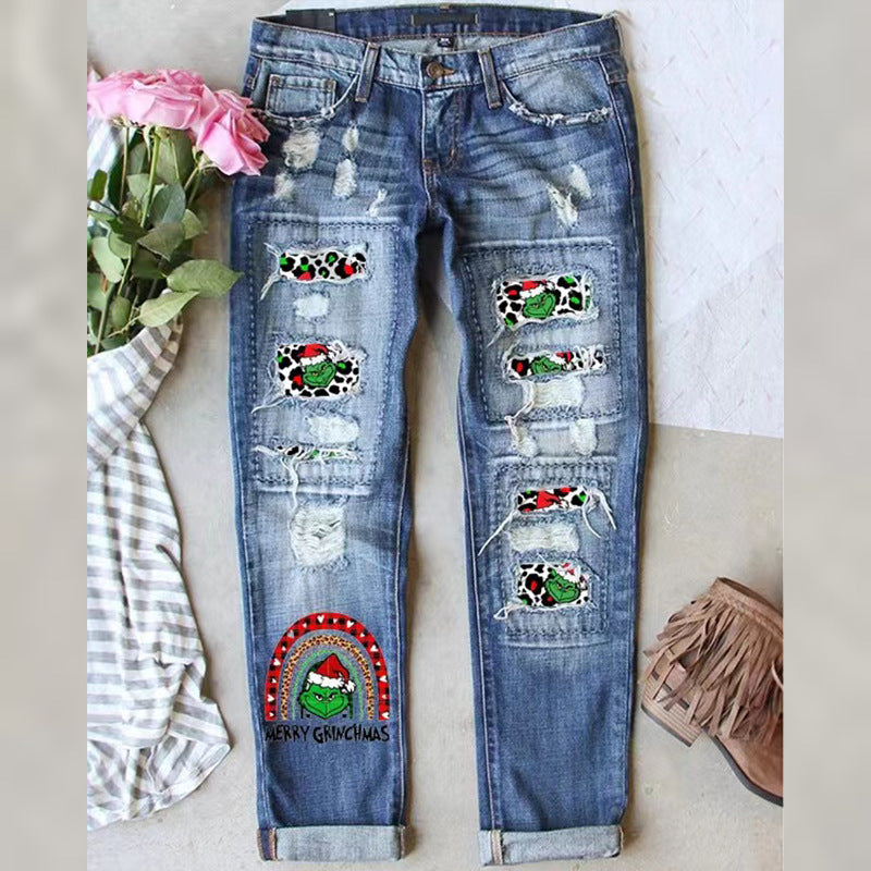 Women Christmas Grinch Distressed Denim Jeans