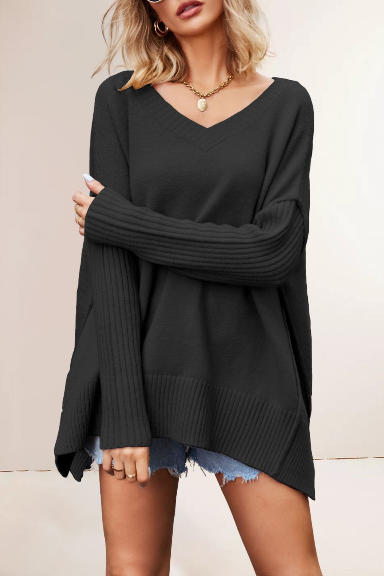 Women Oversized V - Neck Sweater