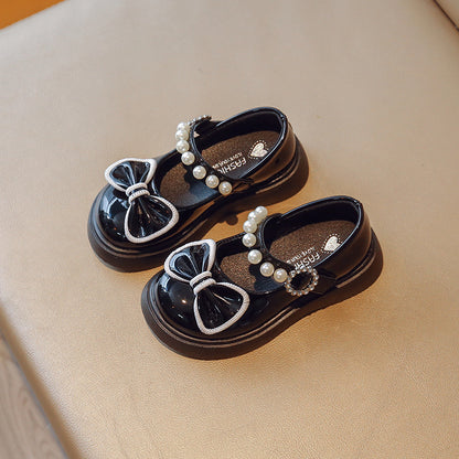 Bowtie Peal Leather Mary Jane Shoes for Girls