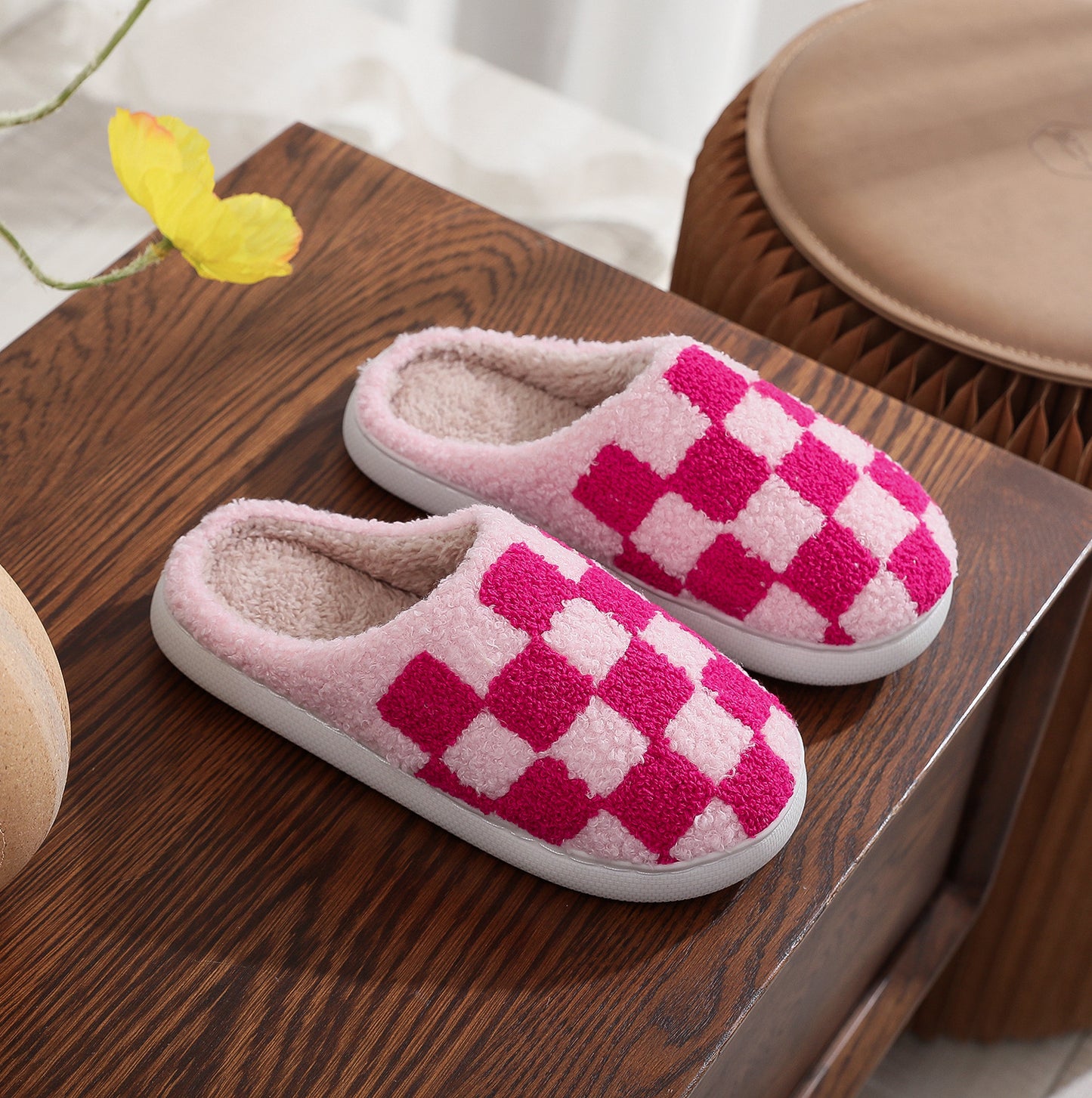 Checker Plush Comfy Slippers