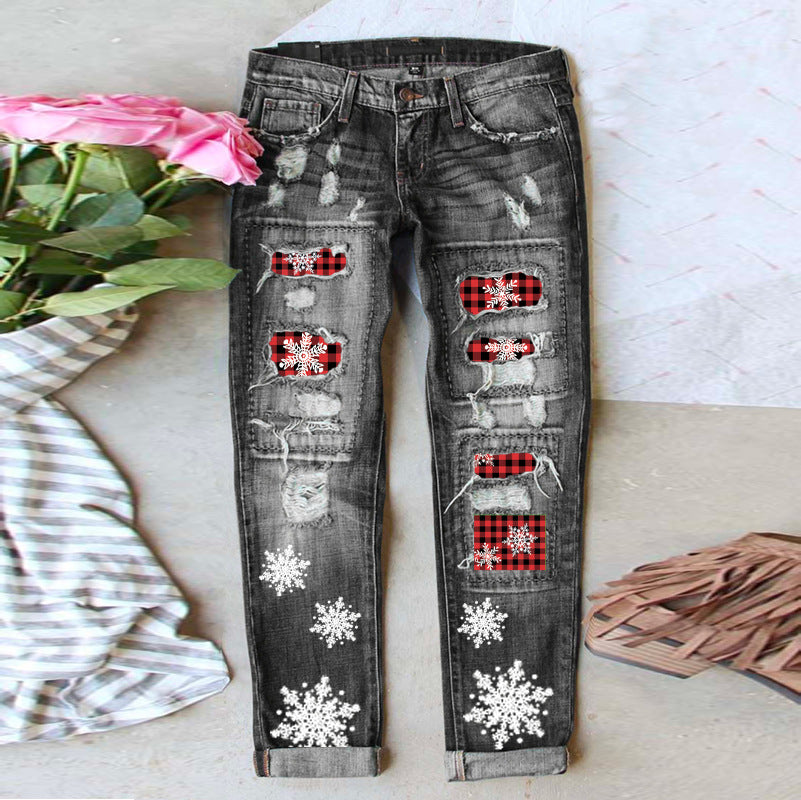 Women Christmas Grinch Distressed Denim Jeans