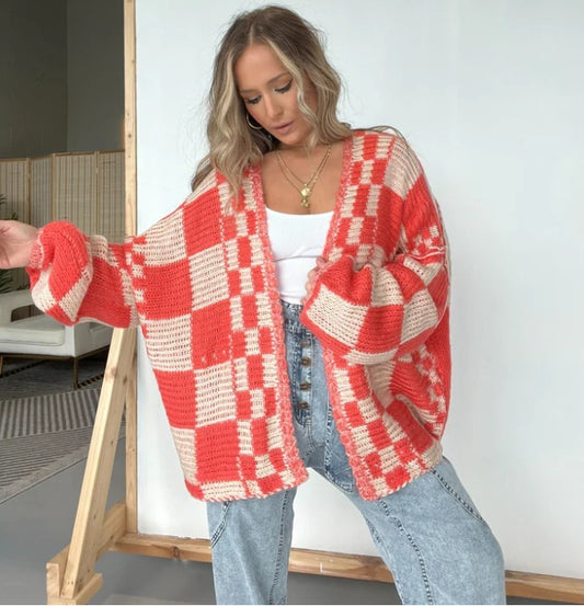 Women Checkered Knitted Sweater Cardigan