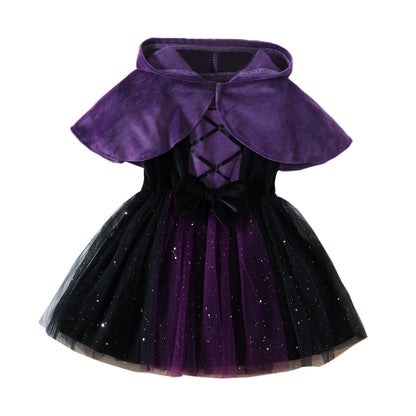 Little Princess Glittery Mesh Dress with Hooded Cape for Halloween