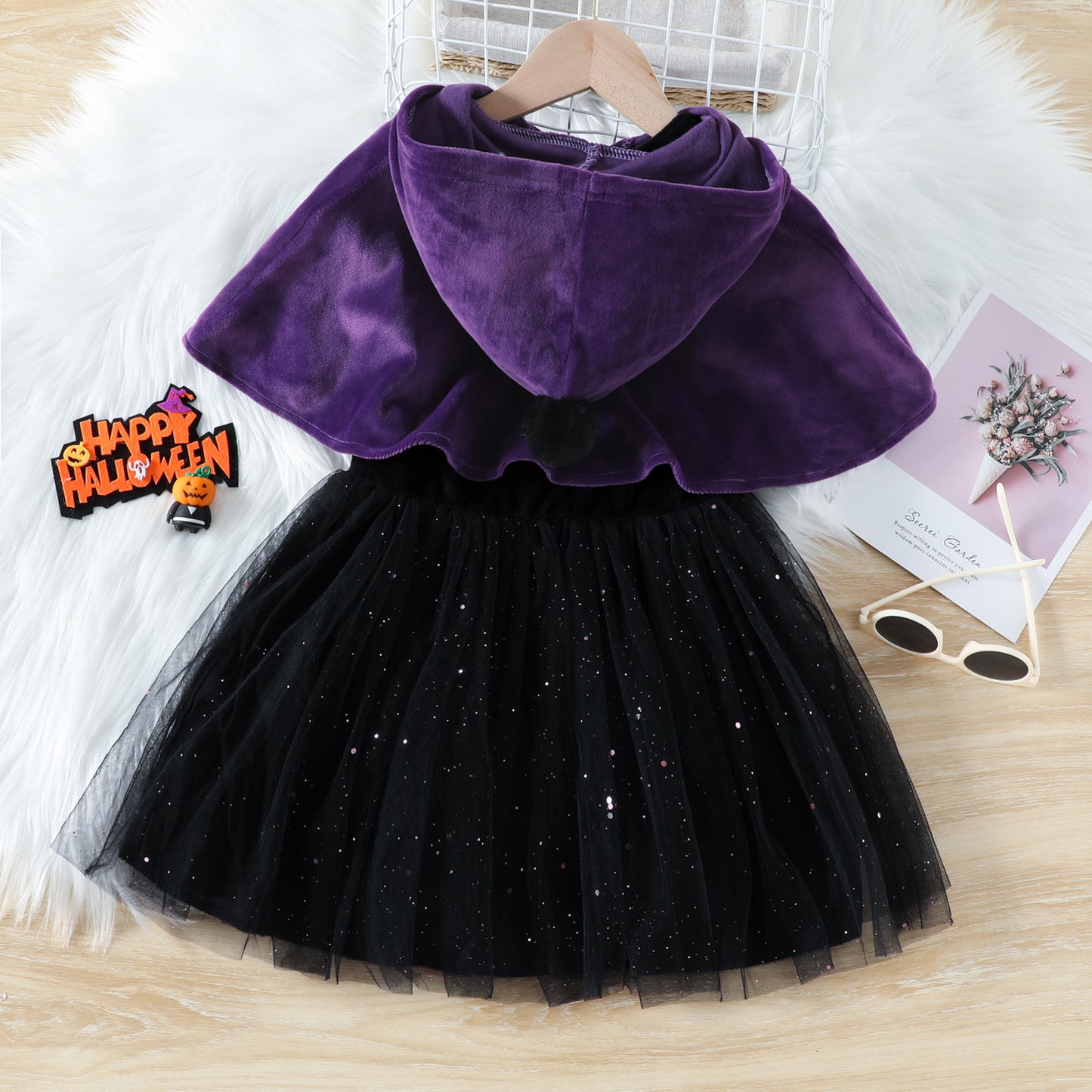 Little Princess Glittery Mesh Dress with Hooded Cape for Halloween