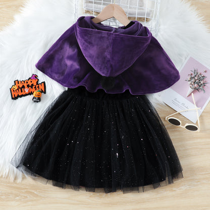 Little Princess Glittery Mesh Dress with Hooded Cape for Halloween