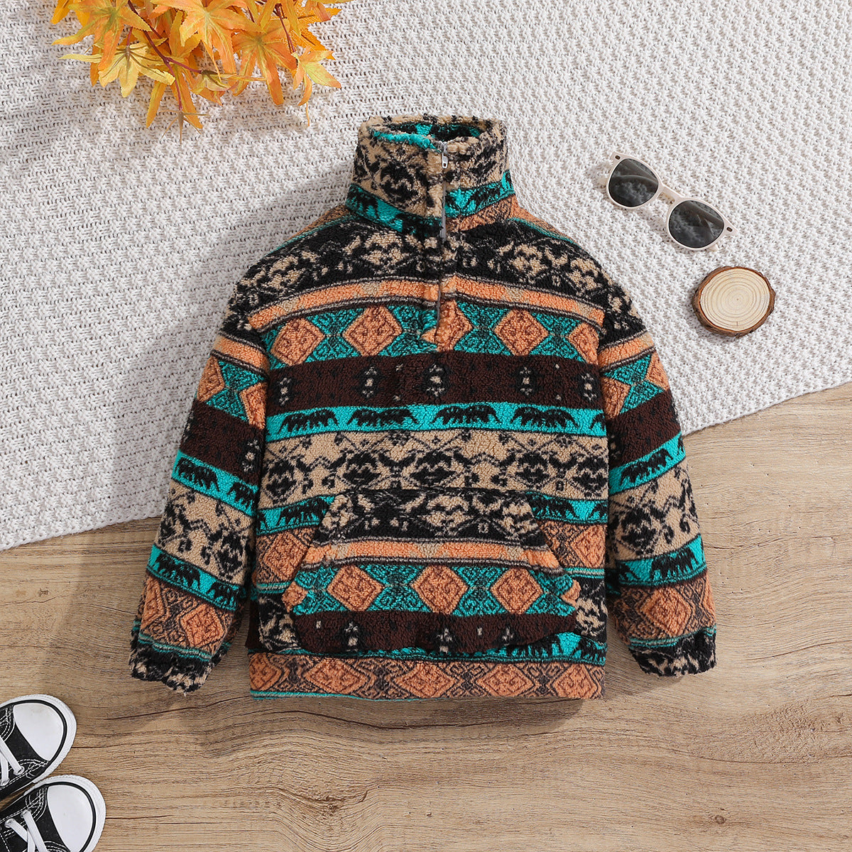 Kids Aztec Leopard Print Sherpa Pullover
